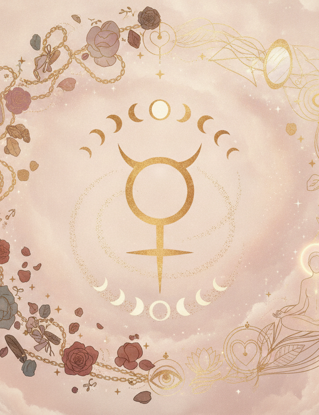 Ilustração etérea de Vênus retrógrado com cores pastel, dourado, energia mística, e uma silhueta feminina em reflexão