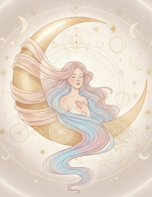 Ilustração etérea e mística da Lua em um mapa astral, com tons pastel, detalhes dourados e uma figura feminina em contemplação.