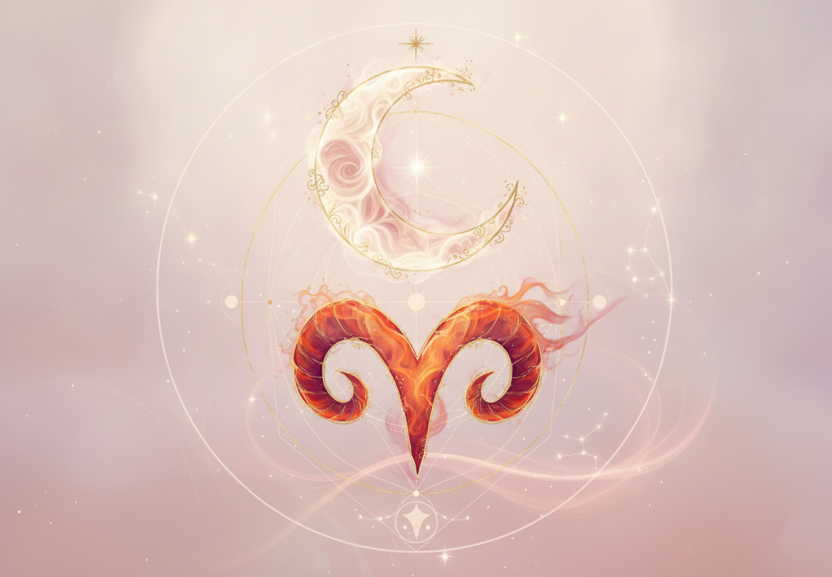 Ilustração etérea de uma lua crescente com chifres de carneiro, em tons pastel suaves e detalhes dourados, simbolizando a energia da lua no mapa astral em Áries.