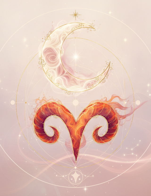 Ilustração etérea de uma lua crescente com chifres de carneiro, em tons pastel suaves e detalhes dourados, simbolizando a energia da lua no mapa astral em Áries.