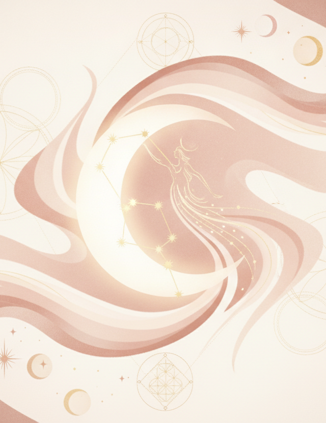 Ilustração etérea de astrologia Nova Era com uma lua crescente e símbolos aquarianos abstratos, transmitindo liberdade e curiosidade intelectual.
