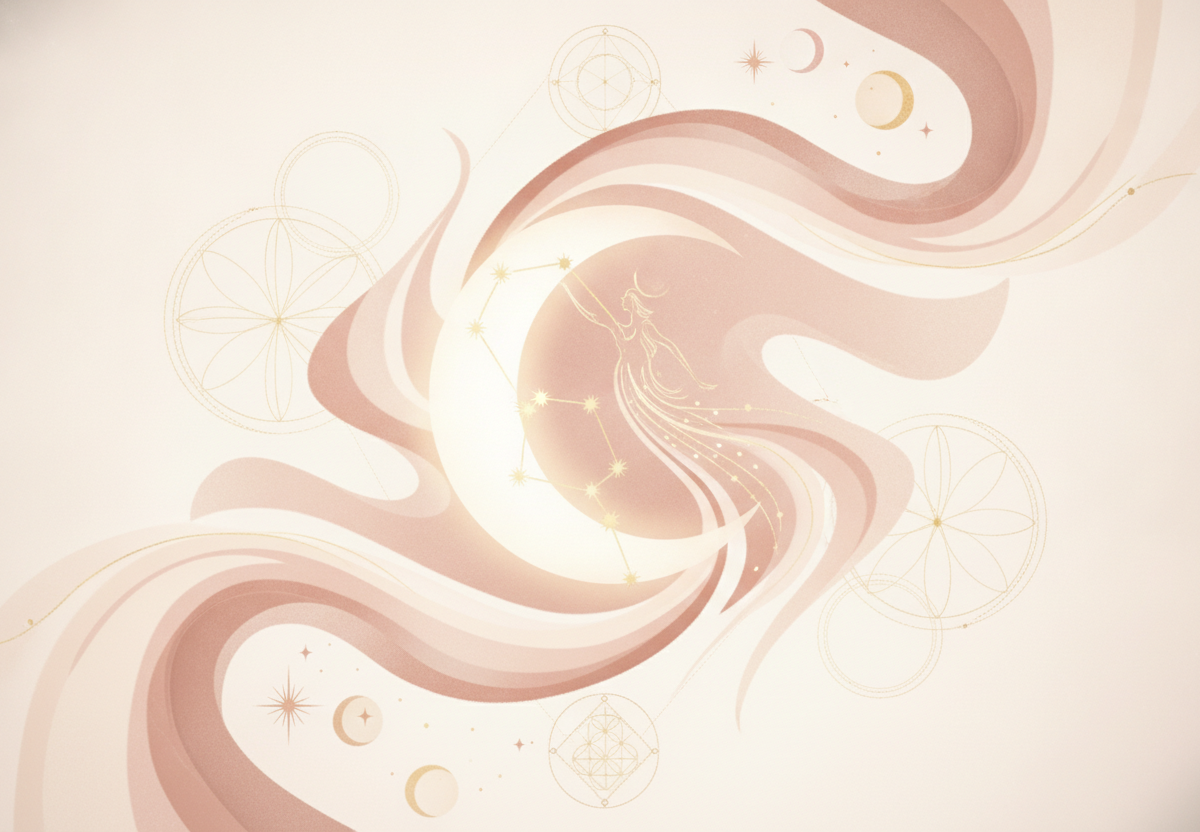 Ilustração etérea de astrologia Nova Era com uma lua crescente e símbolos aquarianos abstratos, transmitindo liberdade e curiosidade intelectual.
