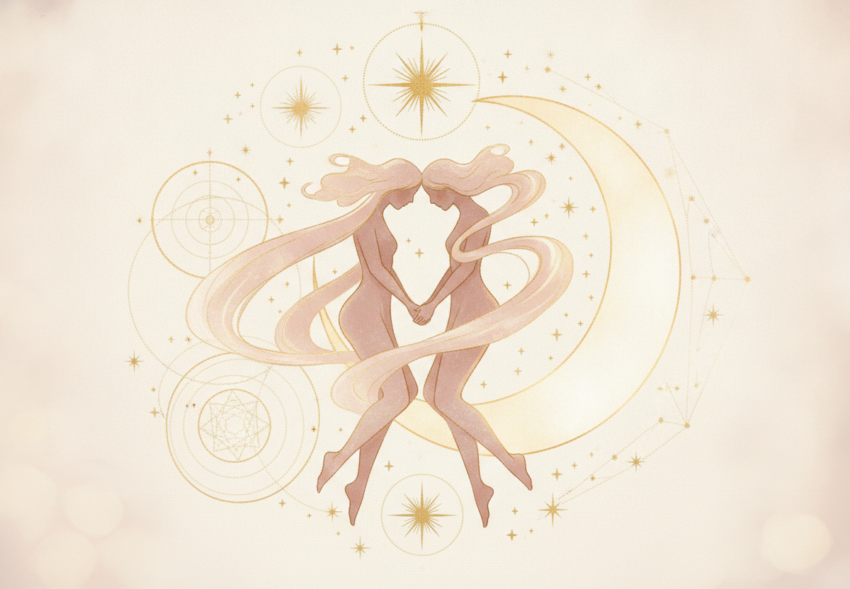 Ilustração etérea de astrologia Nova Era, com uma figura curiosa e adaptável cercada por elementos celestiais, livros abertos e fitas de luz, representando a energia de Gêmeos e a comunicação.