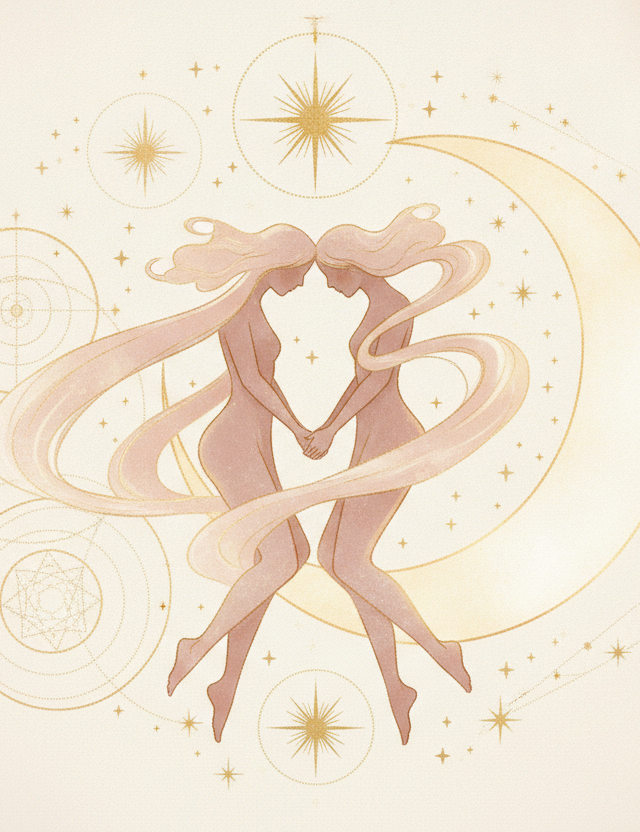 Ilustração etérea de astrologia Nova Era, com uma figura curiosa e adaptável cercada por elementos celestiais, livros abertos e fitas de luz, representando a energia de Gêmeos e a comunicação.