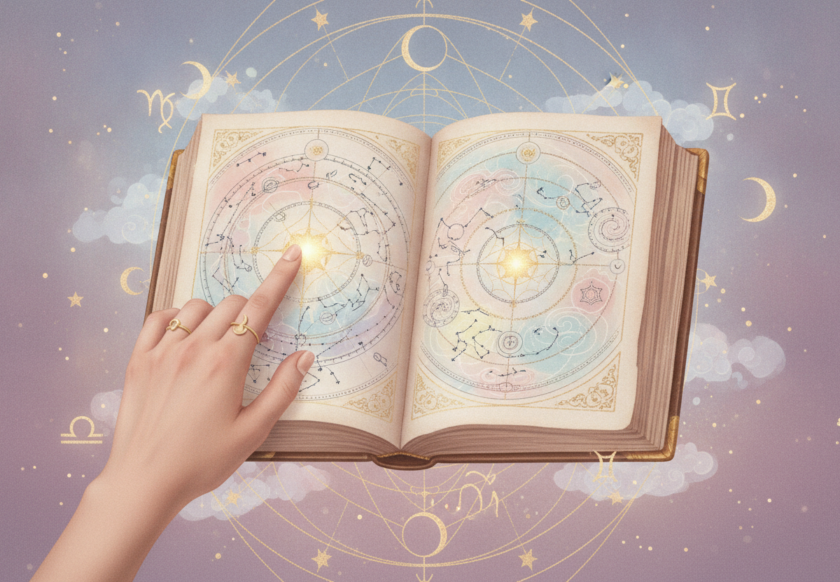 Ilustração etérea de astrologia Nova Era com um livro aberto e símbolos cósmicos, representando o Mapa da Alma como um guia para o autoconhecimento e a jornada espiritual.