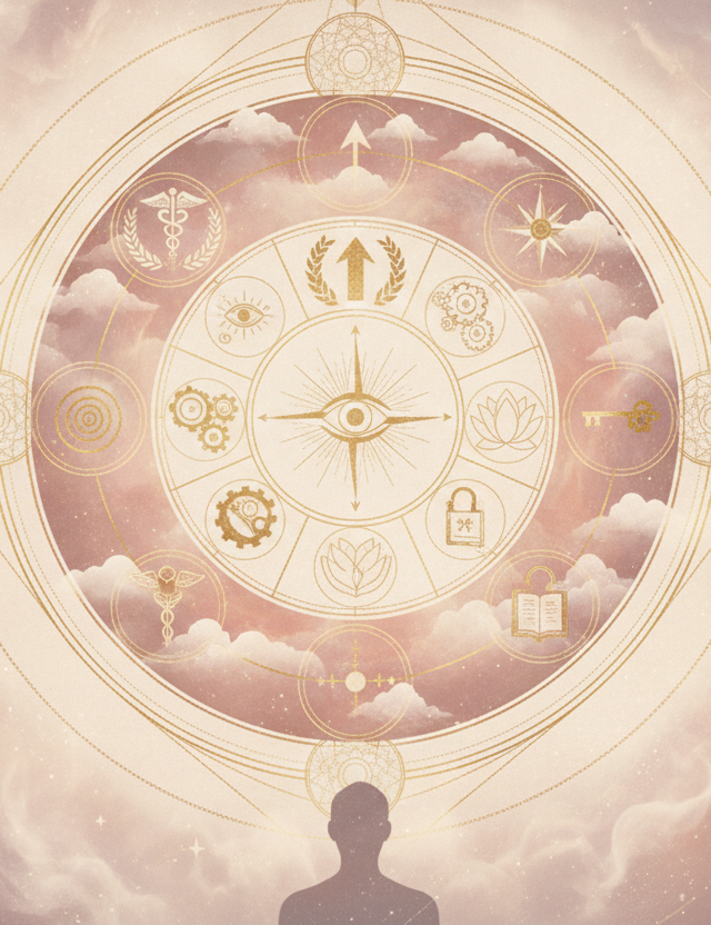 Ilustração etérea de astrologia da nova era, com uma mulher contemplando um mapa astral em forma de galáxia e símbolos de carreira e propósito, em tons pastel e dourados.