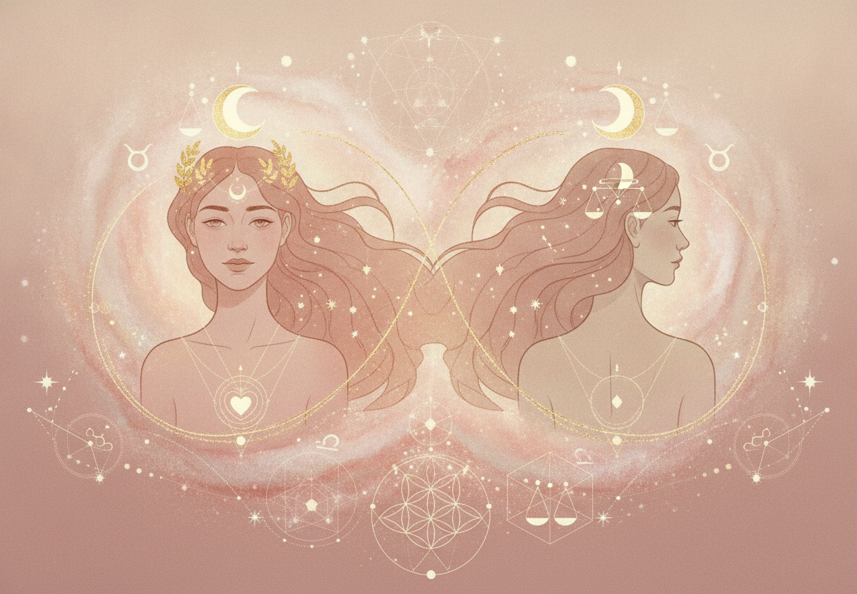 Ilustração etérea de astrologia da nova era com duas figuras complementares entrelaçadas, simbolizando o eixo ascendente e descendente no mapa astral, com tons pastel e detalhes dourados.