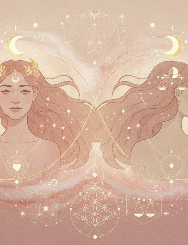 Ilustração etérea de astrologia da nova era com duas figuras complementares entrelaçadas, simbolizando o eixo ascendente e descendente no mapa astral, com tons pastel e detalhes dourados.