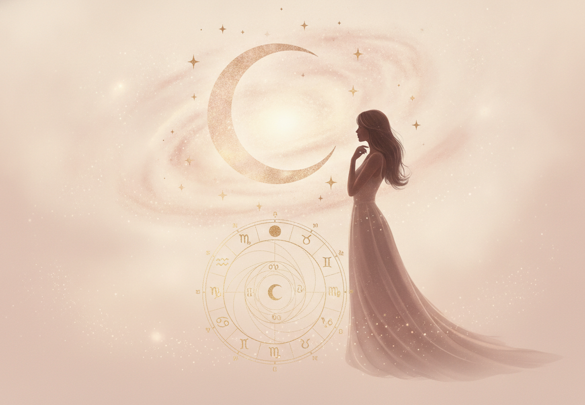 Ilustração etérea de astrologia da Nova Era com uma lua crescente em tons pastel, detalhes dourados e símbolos astrológicos, representando o mundo emocional e a introspecção feminina.