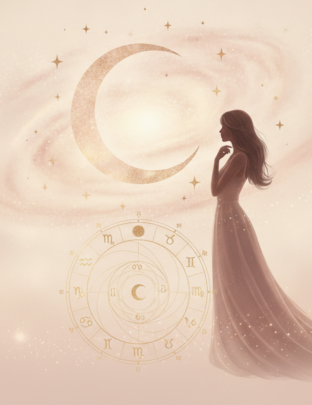 Ilustração etérea de astrologia da Nova Era com uma lua crescente em tons pastel, detalhes dourados e símbolos astrológicos, representando o mundo emocional e a introspecção feminina.