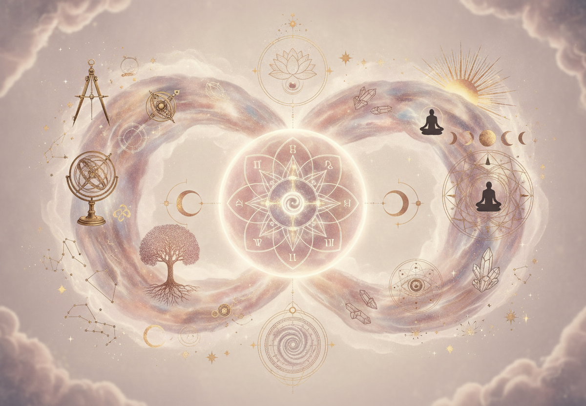Ilustração etérea de astrologia da Nova Era, tons pastéis suaves, detalhes em dourado, com uma mulher tocando um mapa astral brilhante, simbolizando autoconhecimento e empoderamento.