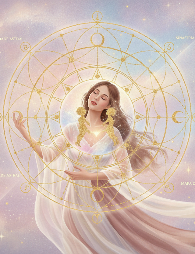 Ilustração etérea de mapa astral do amor online com mãos se tocando, estrelas e mandalas em tons pastel e dourado, representando a jornada afetiva.