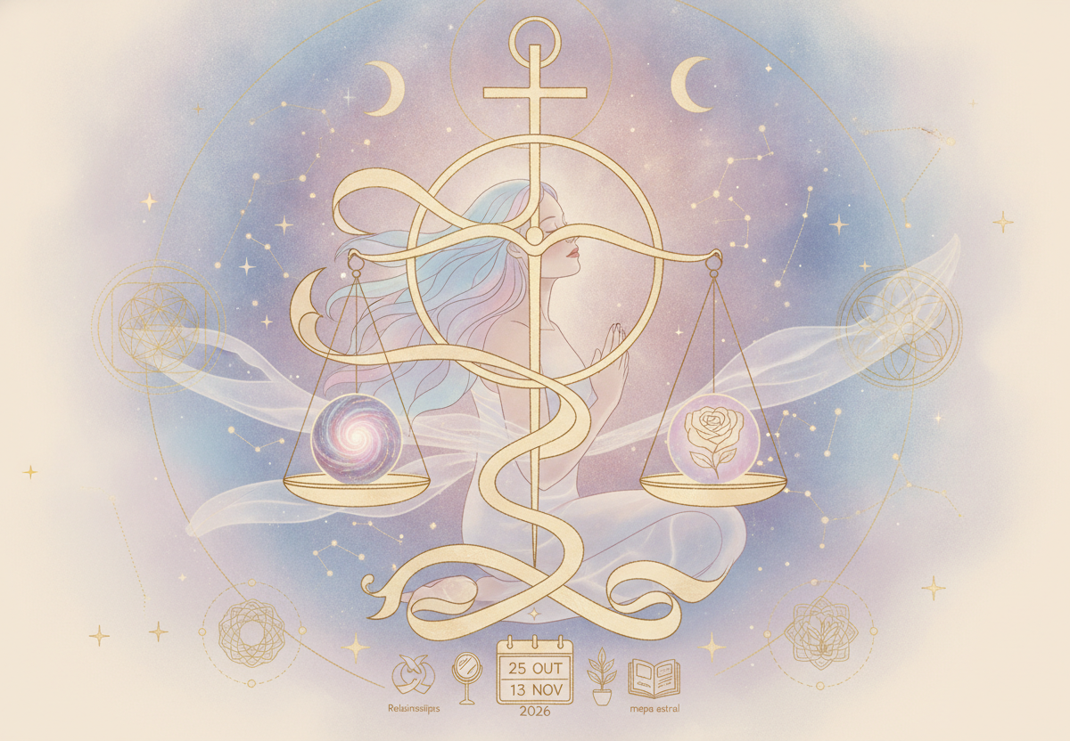 Ilustração etérea de astrologia da Nova Era, com uma balança estilizada de Libra e o símbolo de Vênus cintilante, representando a reavaliação de relacionamentos e finanças durante o período retrógrado.