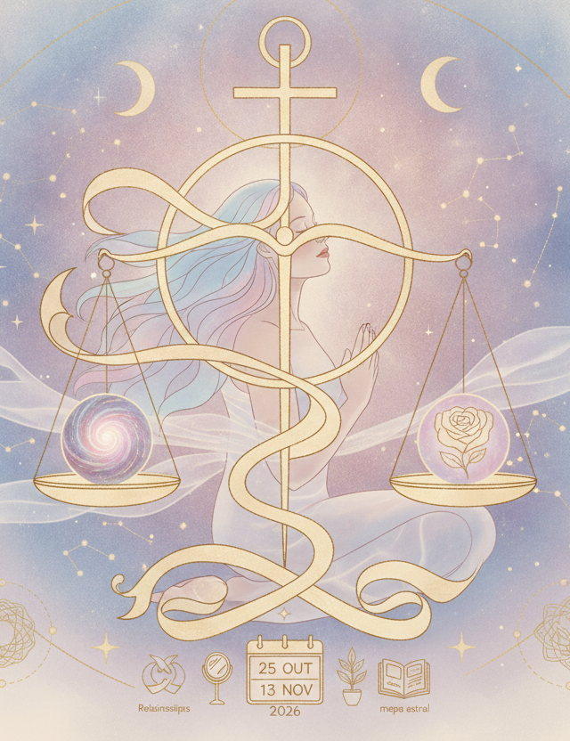 Ilustração etérea de astrologia da Nova Era, com uma balança estilizada de Libra e o símbolo de Vênus cintilante, representando a reavaliação de relacionamentos e finanças durante o período retrógrado.