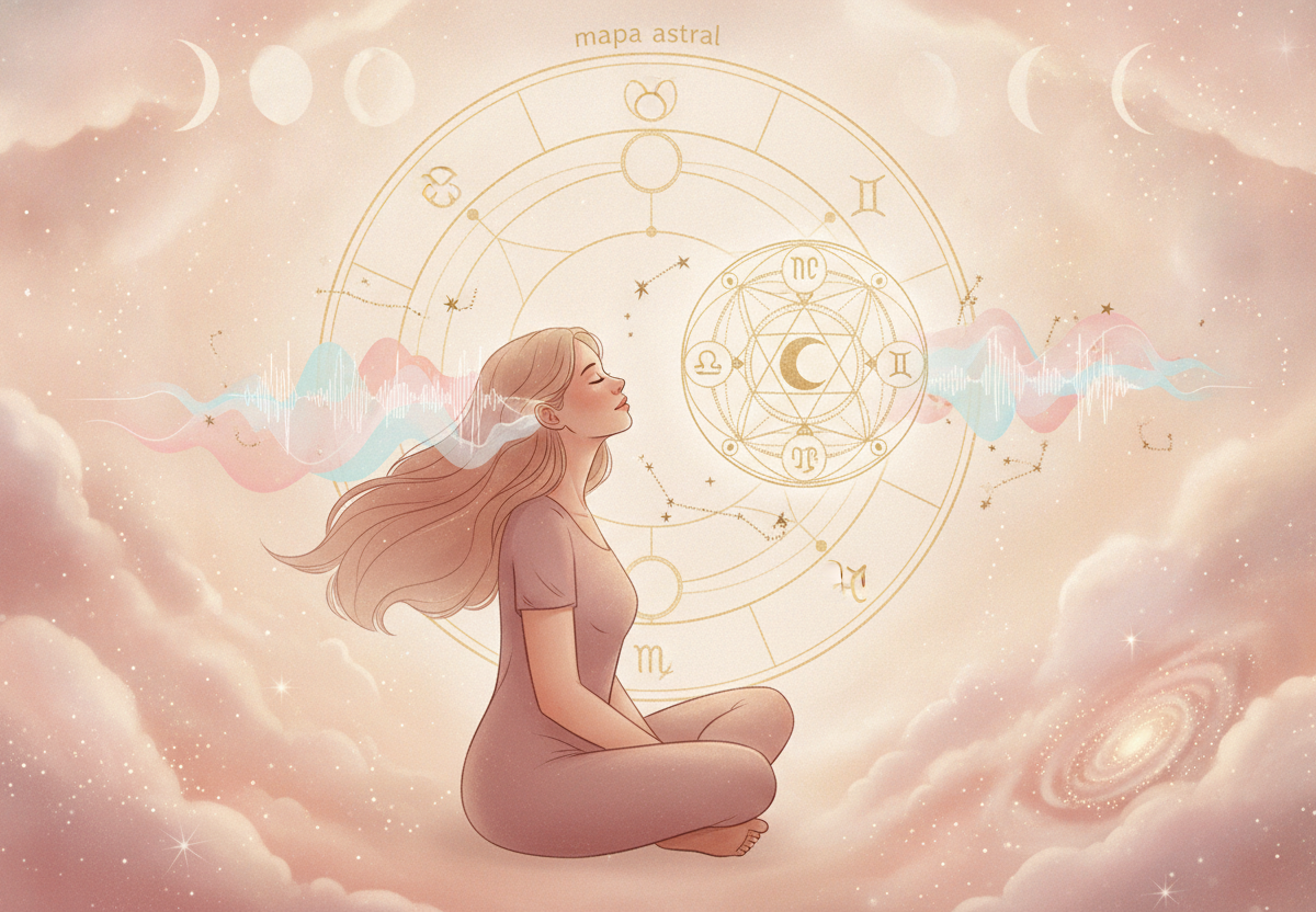 Ilustração etérea de uma mulher meditando com fones de ouvido, cercada por elementos celestiais e símbolos astrológicos, em tons pastéis e dourados, transmitindo uma sensação de misticismo e sonho. Simboliza a escuta de um mapa astral em áudio.