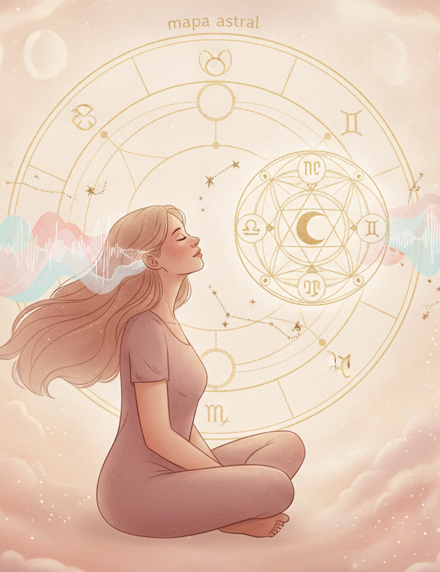 Ilustração etérea de uma mulher meditando com fones de ouvido, cercada por elementos celestiais e símbolos astrológicos, em tons pastéis e dourados, transmitindo uma sensação de misticismo e sonho. Simboliza a escuta de um mapa astral em áudio.