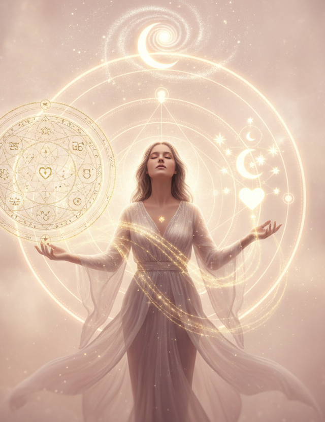 Ilustração etérea e mística de um mapa astral aberto com símbolos astrológicos em tons pastel e dourado, emanando luz, representando o Mapa da Alma da Astrologia da Nova Era.