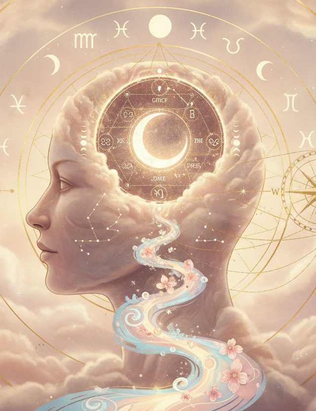 Ilustração etérea de astrologia da Nova Era, com o símbolo da Lua integrado a um mapa celestial e elementos que representam emoções e o autoconhecimento feminino.