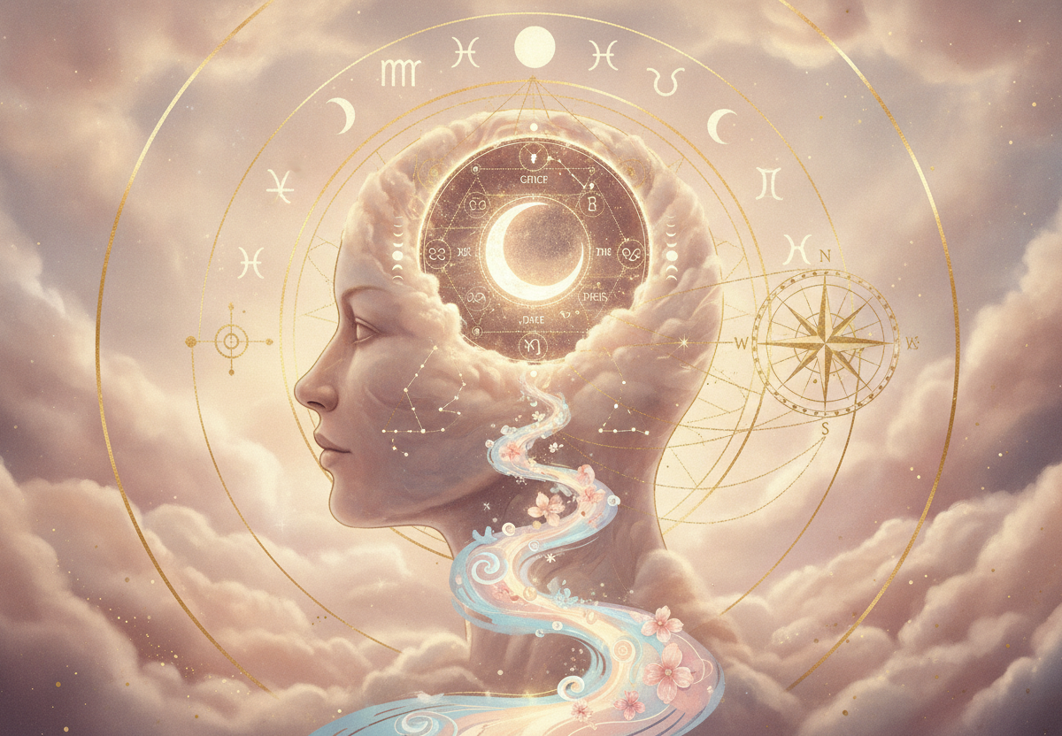 Ilustração etérea de astrologia da Nova Era, com o símbolo da Lua integrado a um mapa celestial e elementos que representam emoções e o autoconhecimento feminino.
