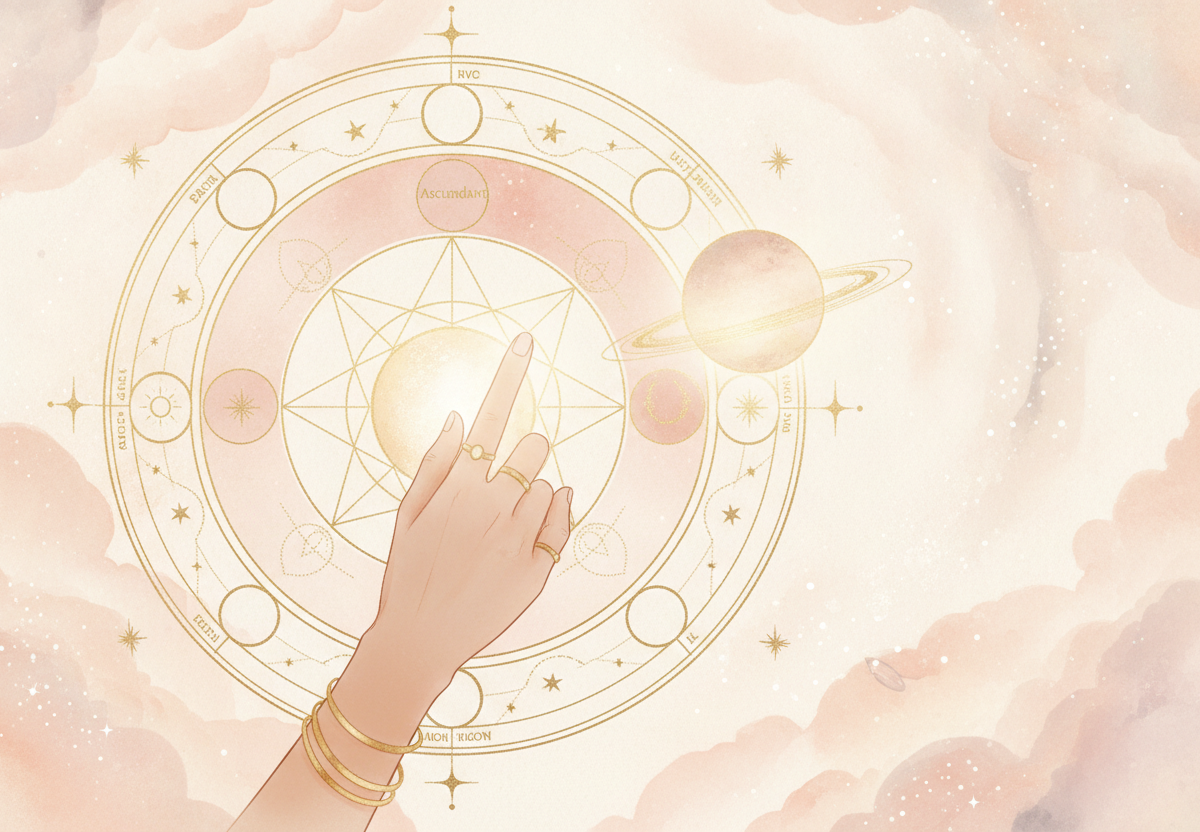 Ilustração etérea de um mapa astral com foco no Ascendente e seu planeta regente, em tons pastel e dourado, evocando misticismo e a jornada da alma. Uma figura feminina observa o mapa.