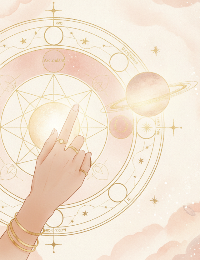 Ilustração etérea de um mapa astral com foco no Ascendente e seu planeta regente, em tons pastel e dourado, evocando misticismo e a jornada da alma. Uma figura feminina observa o mapa.