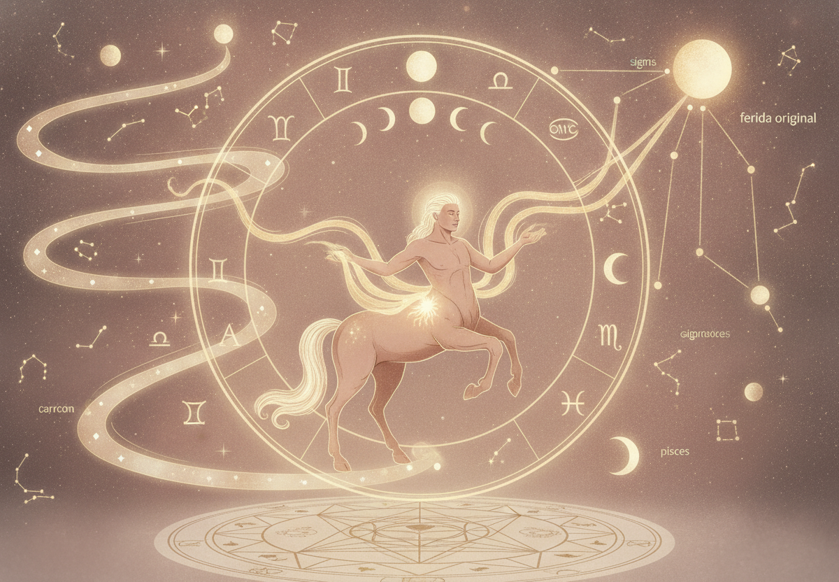 Ilustração etérea de Quíron, o centauro curador, com uma ferida brilhante no peito que se transforma em luz e flores, simbolizando a cura e o propósito no mapa astral. Cores suaves e detalhes dourados.