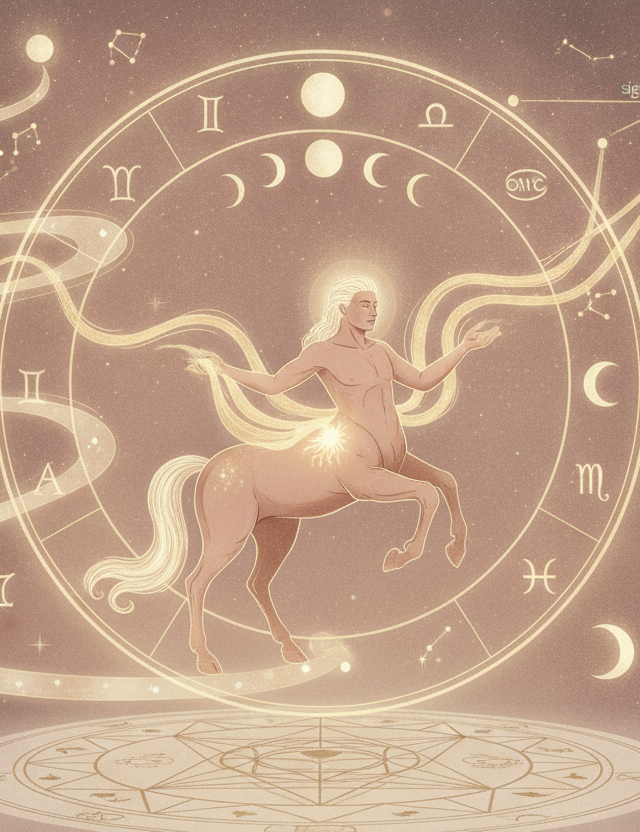 Ilustração etérea de Quíron, o centauro curador, com uma ferida brilhante no peito que se transforma em luz e flores, simbolizando a cura e o propósito no mapa astral. Cores suaves e detalhes dourados.