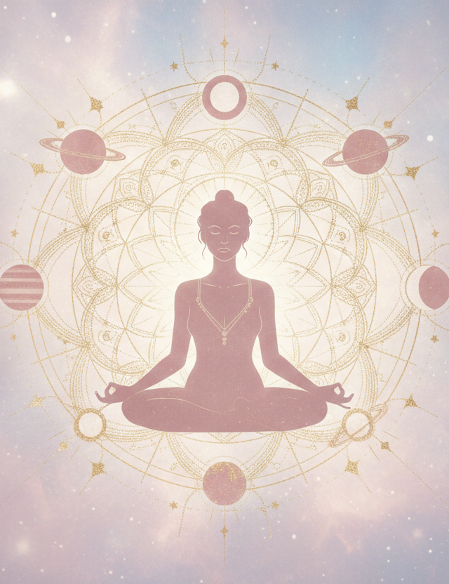 Ilustração etérea de astrologia Nova Era com uma mulher meditando sob um céu estrelado e um mapa astral sutil, tons pastel e dourados