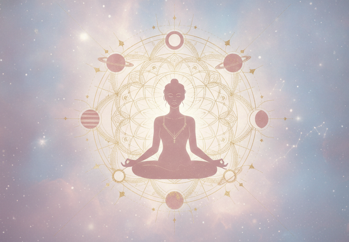 Ilustração etérea de astrologia Nova Era com uma mulher meditando sob um céu estrelado e um mapa astral sutil, tons pastel e dourados