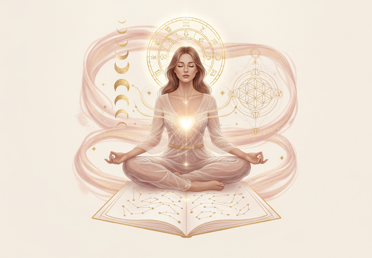 Ilustração etérea de astrologia nova era com mulher meditando sob céu estrelado e sobreposição sutil de mapa astral.