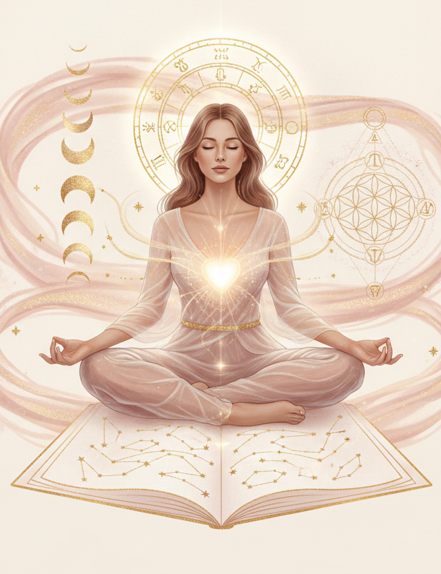 Ilustração etérea de astrologia nova era com mulher meditando sob céu estrelado e sobreposição sutil de mapa astral.