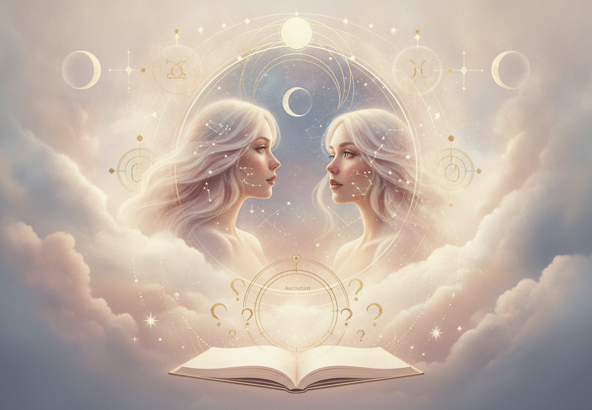 Ilustração etérea de astrologia Nova Era, com tons pastéis e detalhes dourados, mostrando uma mulher se auto-observando em um espelho, cercada por um suave anel zodiacal, transmitindo uma sensação de despertar espiritual e autoconhecimento.