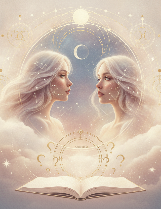 Ilustração etérea de astrologia Nova Era, com tons pastéis e detalhes dourados, mostrando uma mulher se auto-observando em um espelho, cercada por um suave anel zodiacal, transmitindo uma sensação de despertar espiritual e autoconhecimento.