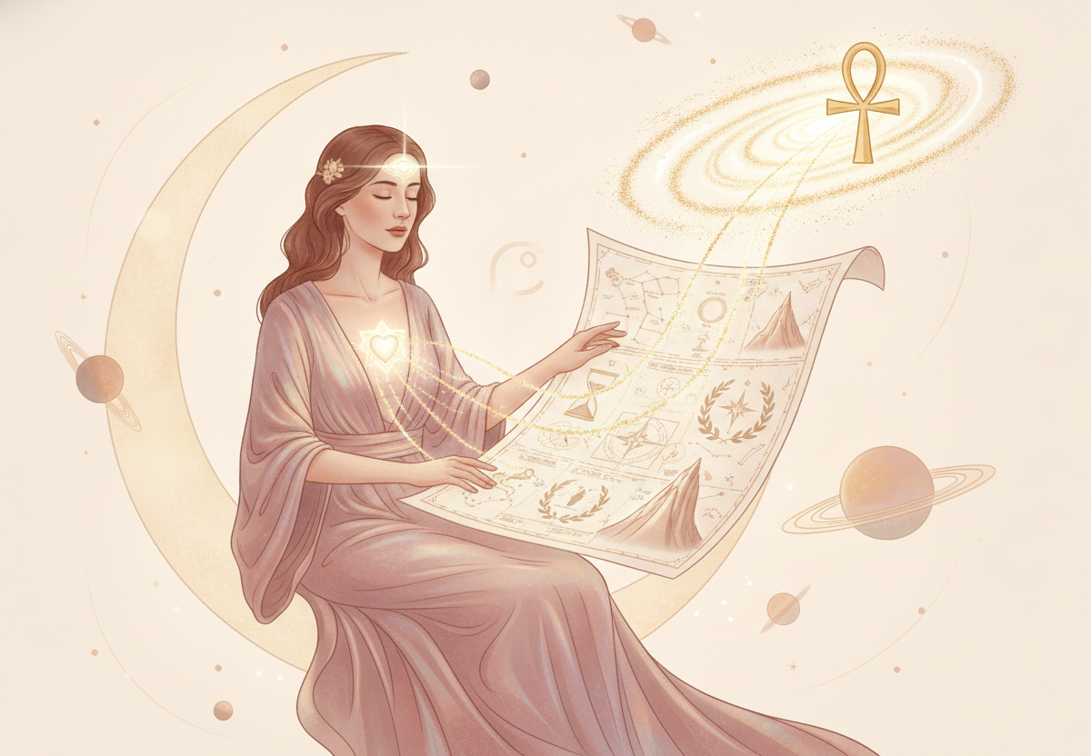Ilustração etérea de astrologia da Nova Era com uma mulher observando um mapa astral brilhante, simbolizando carreira e propósito.