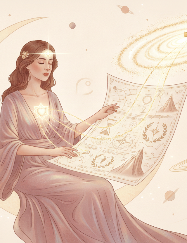 Ilustração etérea de astrologia da Nova Era com uma mulher observando um mapa astral brilhante, simbolizando carreira e propósito.