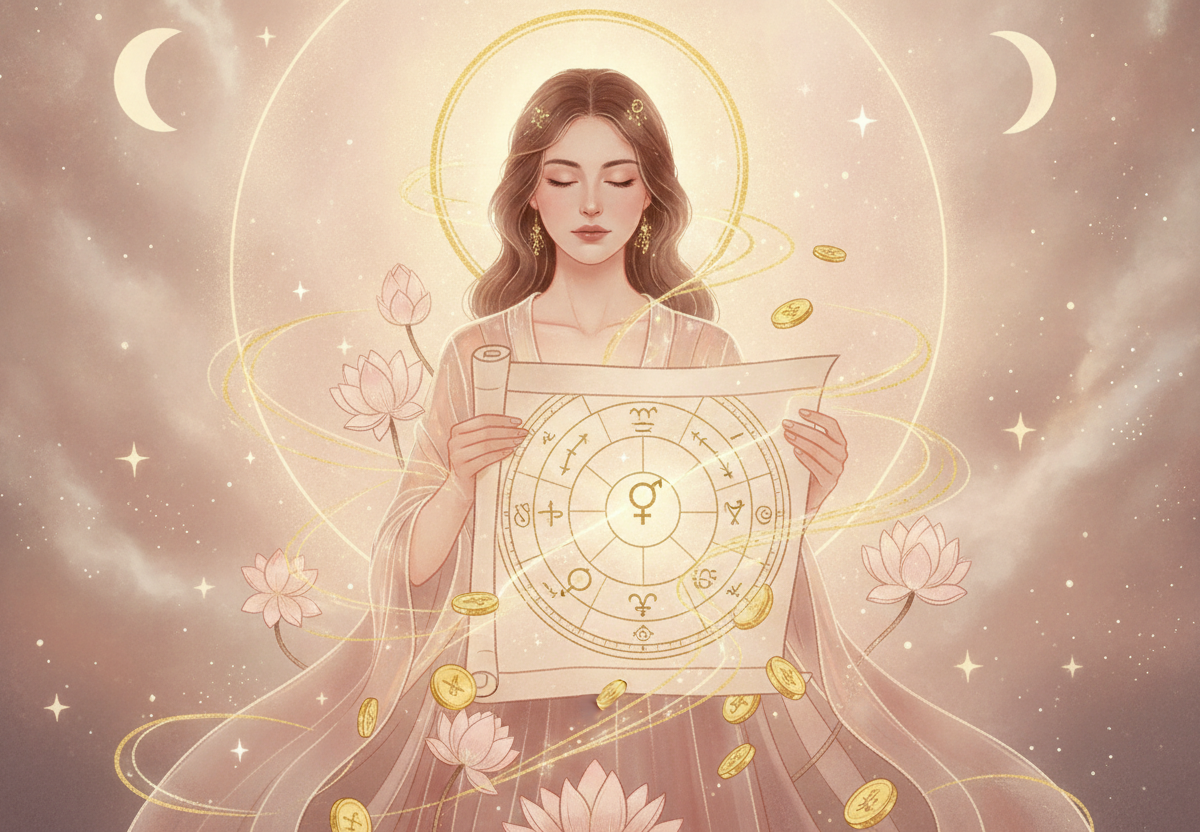 Ilustração etérea de astrologia da Nova Era, com uma mulher contemplando seu mapa astral. Elementos de Vênus e da Casa 2 se entrelaçam com energia fluida, simbolizando a conexão entre finanças, valores e autoconhecimento. Cores pastel suaves e detalhes dourados criam uma atmosfera mística de prosperidade consciente.