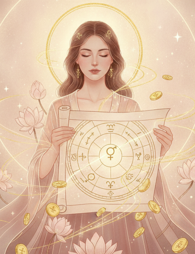 Ilustração etérea de astrologia da Nova Era, com uma mulher contemplando seu mapa astral. Elementos de Vênus e da Casa 2 se entrelaçam com energia fluida, simbolizando a conexão entre finanças, valores e autoconhecimento. Cores pastel suaves e detalhes dourados criam uma atmosfera mística de prosperidade consciente.