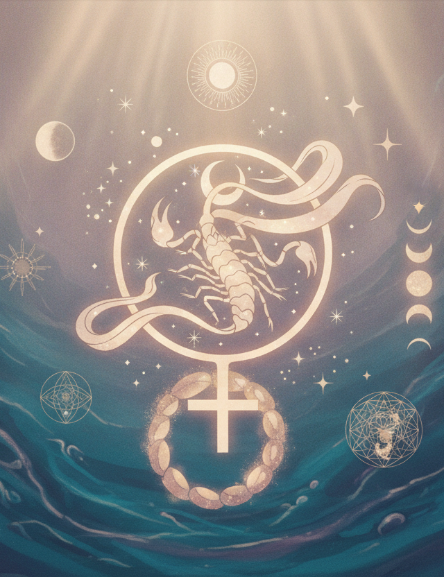 Ilustração etérea de Vênus retrógrado em Escorpião, com tons pastel, dourado, um escorpião estilizado e o símbolo de Vênus.