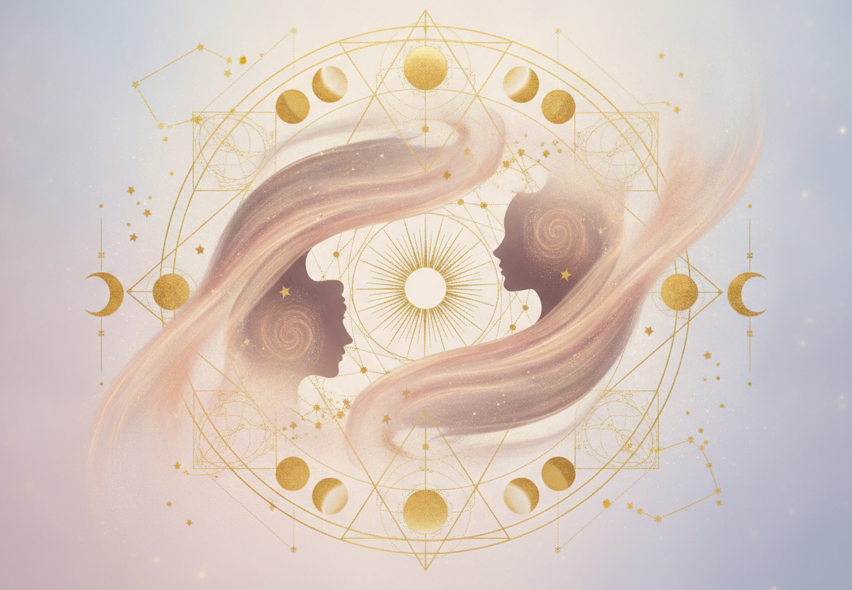 Ilustração etérea de sinastria astrológica, com dois seres ou corpos celestes entrelaçados em tons pastel e dourado, simbolizando a união de almas e a compatibilidade nos relacionamentos.
