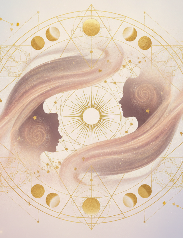 Ilustração etérea de sinastria astrológica, com dois seres ou corpos celestes entrelaçados em tons pastel e dourado, simbolizando a união de almas e a compatibilidade nos relacionamentos.