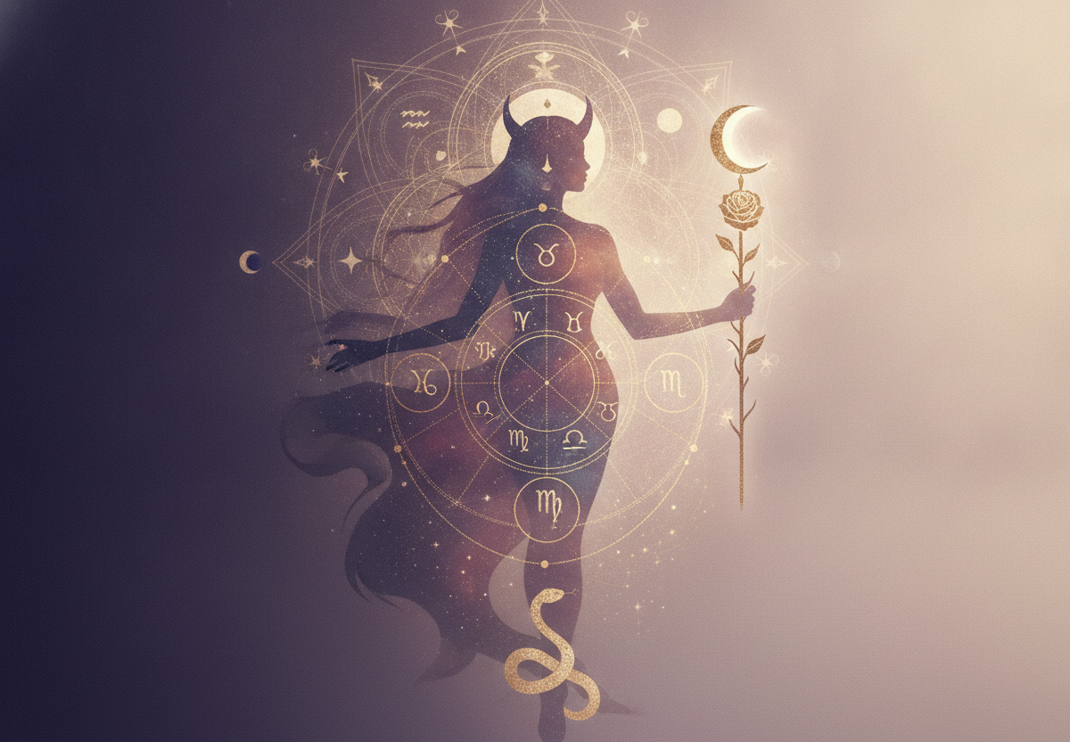 Ilustração etérea de astrologia da nova era com cores pastel suaves e detalhes em dourado, representando a energia de Lilith no mapa astral e o poder feminino.