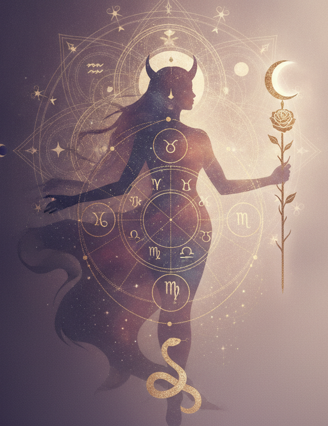 Ilustração etérea de astrologia da nova era com cores pastel suaves e detalhes em dourado, representando a energia de Lilith no mapa astral e o poder feminino.