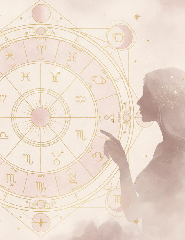 Ilustração etérea de mapa astral com mãos femininas segurando um diagrama cósmico, em tons pastel e detalhes dourados.