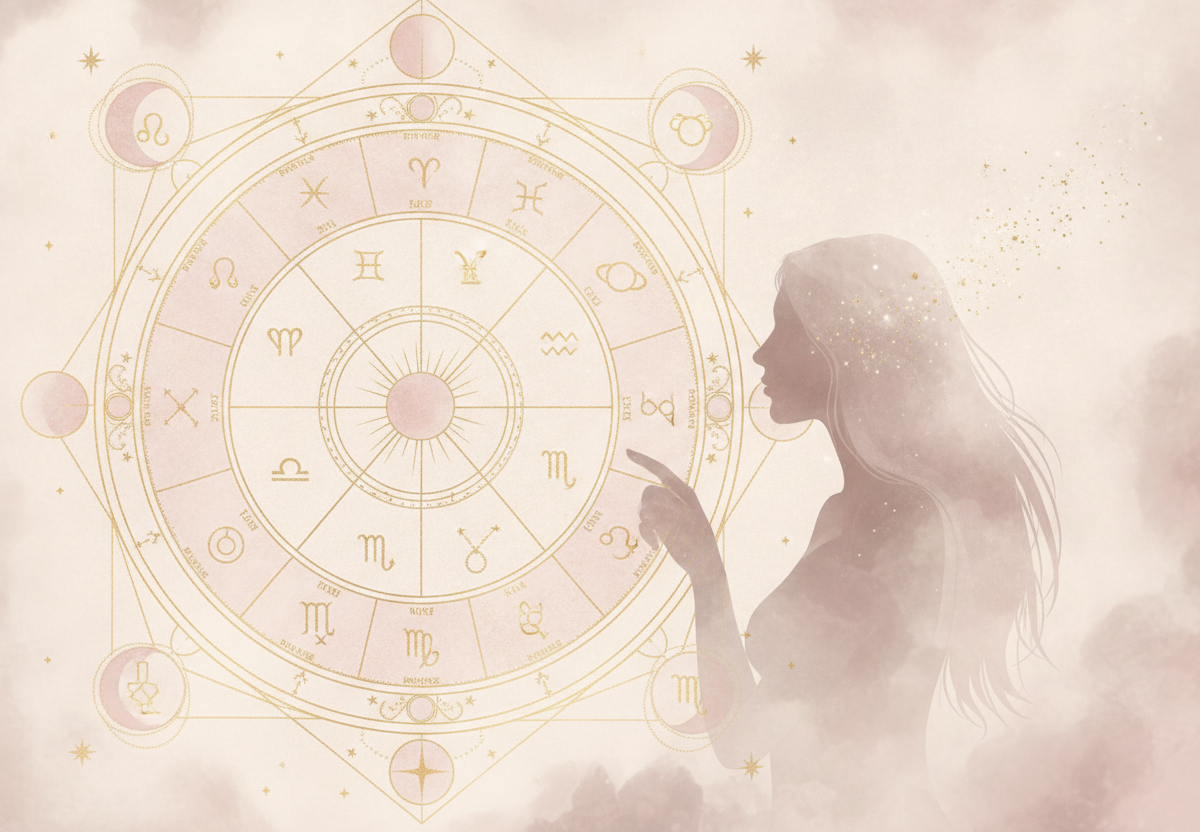 Ilustração etérea de mapa astral com mãos femininas segurando um diagrama cósmico, em tons pastel e detalhes dourados.