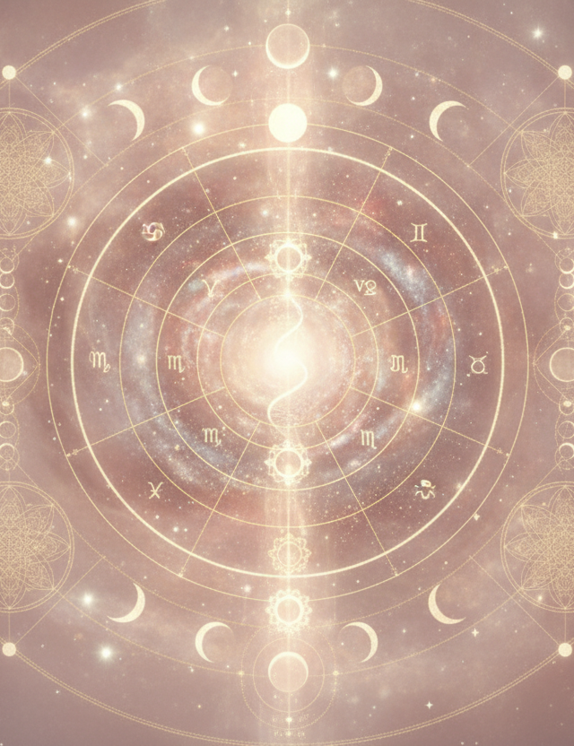 Ilustração etérea de um mapa astral completo com elementos quânticos e espirituais, cores suaves, linhas de energia douradas e uma figura feminina em meditação, simbolizando a cocriação da realidade e a elevação da frequência.