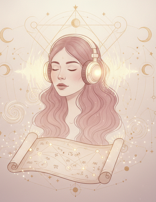 Ilustração etérea de astrologia Nova Era em tons pastéis, com uma mulher ouvindo fones de ouvido e símbolos cósmicos ao redor, representando a escuta do mapa astral em áudio.
