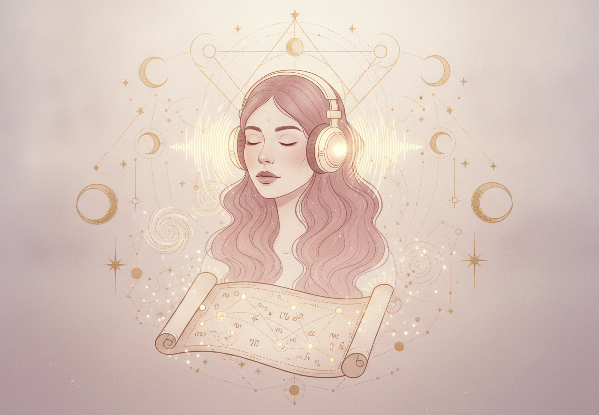 Ilustração etérea de astrologia Nova Era em tons pastéis, com uma mulher ouvindo fones de ouvido e símbolos cósmicos ao redor, representando a escuta do mapa astral em áudio.
