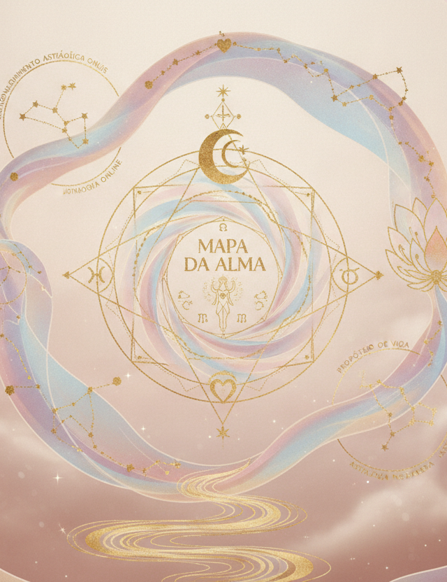 Ilustração etérea de uma mulher em contemplação com uma mandala astral brilhante, simbolizando a jornada de autodescoberta e o propósito de vida pela astrologia Nova Era.
