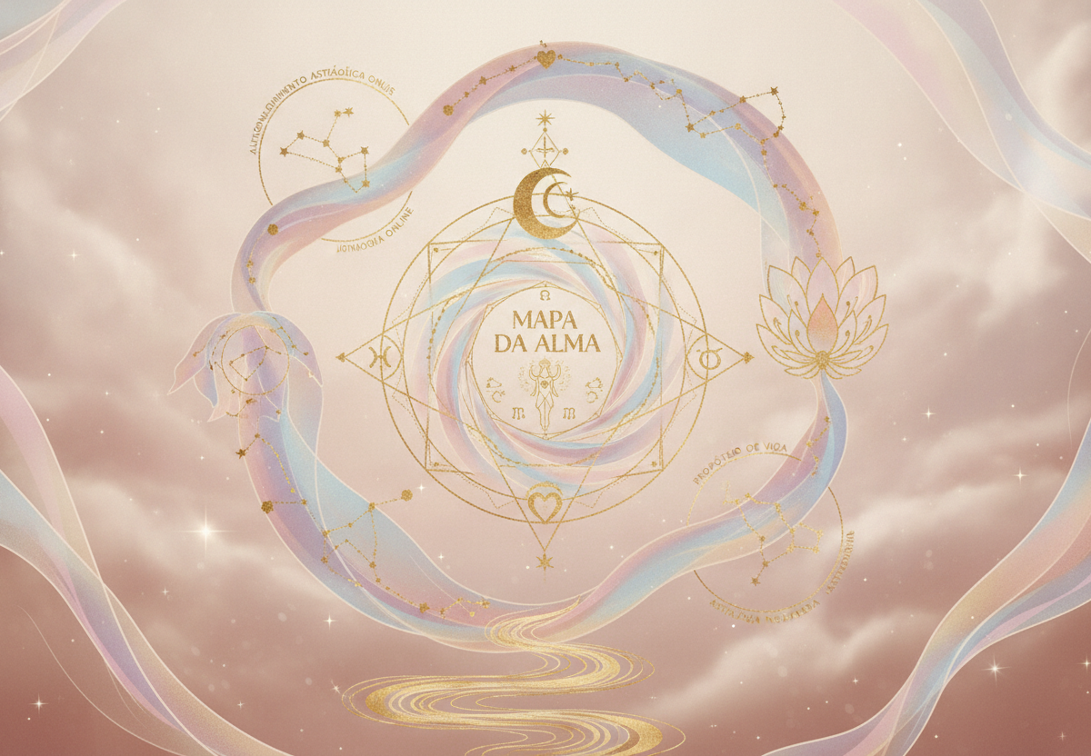 Ilustração etérea de uma mulher em contemplação com uma mandala astral brilhante, simbolizando a jornada de autodescoberta e o propósito de vida pela astrologia Nova Era.