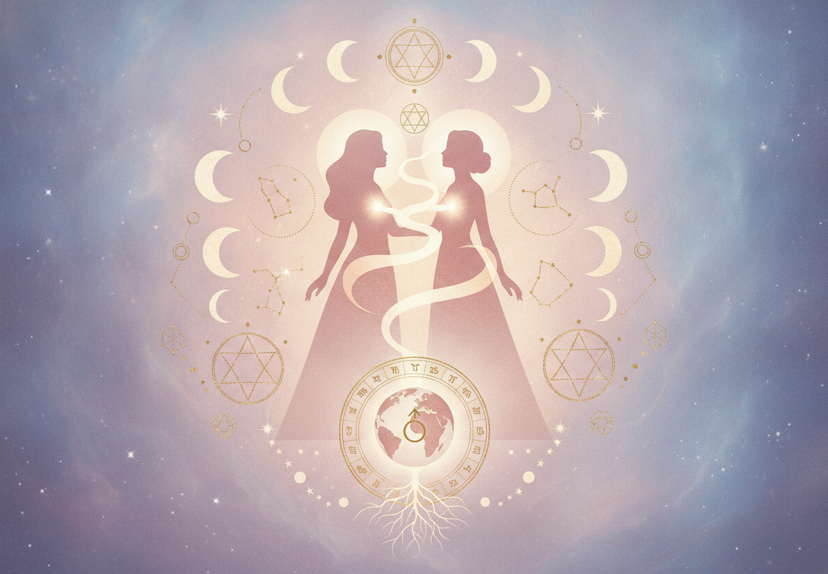 Ilustração etérea de astrologia da nova era, com cores pastel suaves e detalhes dourados, mostrando a silhueta de uma mulher abraçando uma esfera celestial brilhante, simbolizando a conexão com seu Ascendente e a vida amorosa.